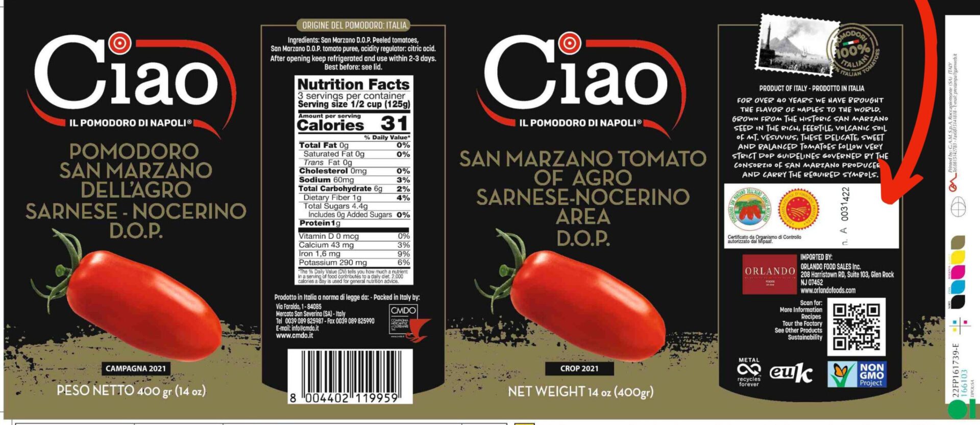 the Ciao San Marzano DOP label with an arrow pointing out the necessary seals and numbers that identify it as legitimate.