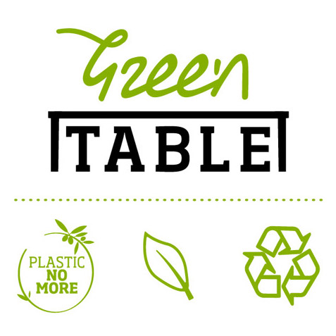 Green table initiative graphic with plastic no more, a leaf, and recycling symbols