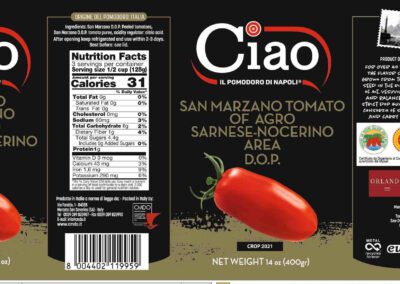 the Ciao San Marzano DOP label with an arrow pointing out the necessary seals and numbers that identify it as legitimate.