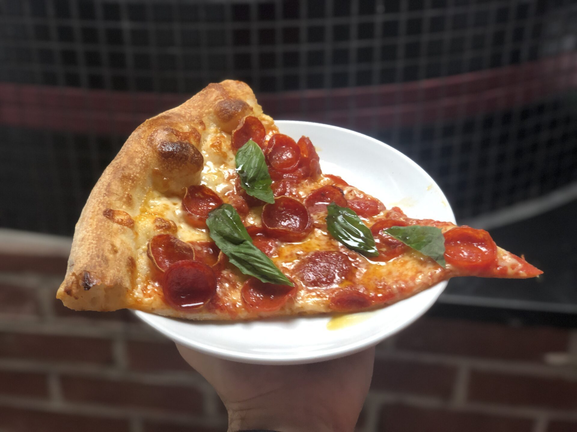 Perfect Slice of Pizza. With tomatoes, basil, pepperoni, and golden crust.