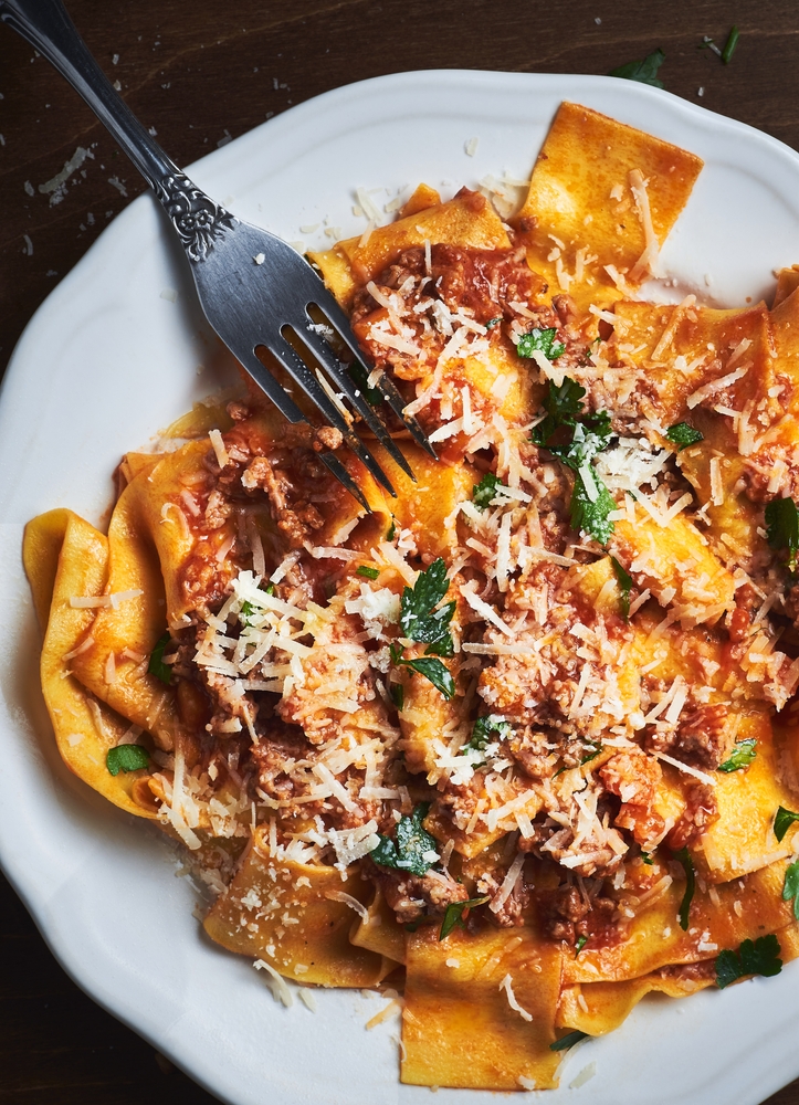 Italian,Bolognese,Sauce,Homemade,Papardelle,Pasta.,Eating,Papardelle,Pasta,With Red-Wine Bolognese